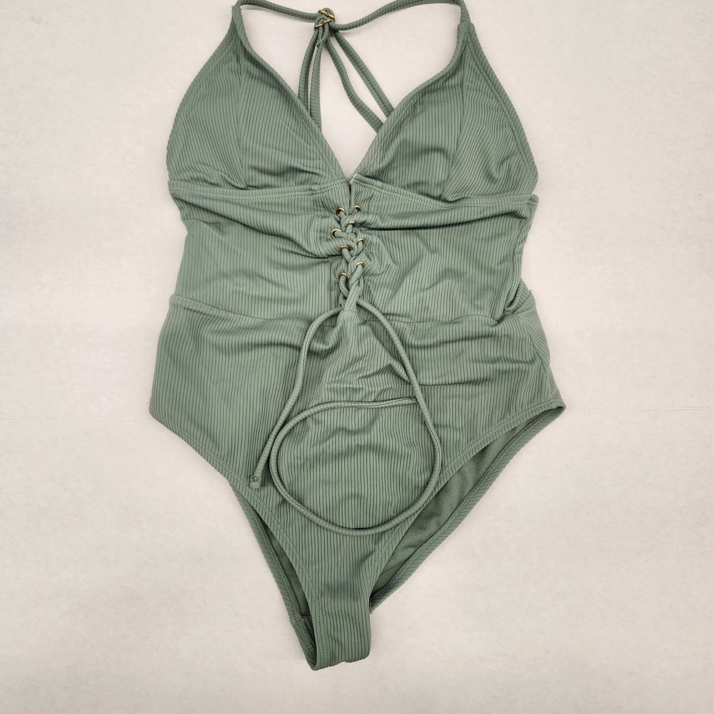 Trillium Green Ribbed Lace-Up One Piece bodysuit swim‎ Criss Cross Straps Size S